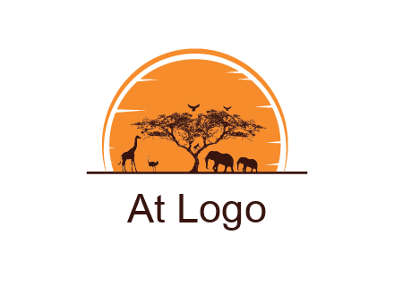 sun behind elephants and giraffe with tree