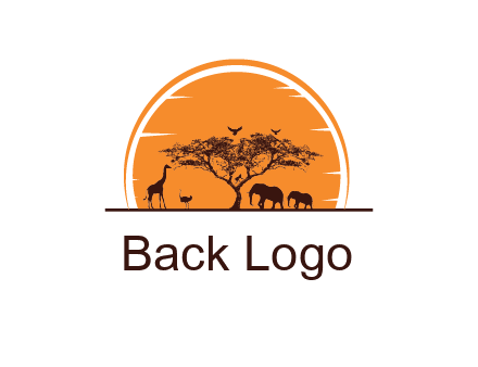 sun behind elephants and giraffe with tree