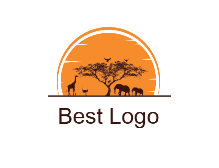sun behind elephants and giraffe with tree