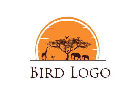 sun behind elephants and giraffe with tree