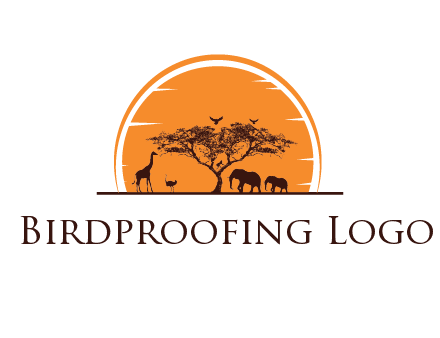 sun behind elephants and giraffe with tree