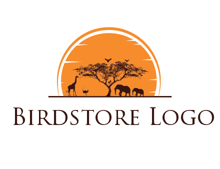 sun behind elephants and giraffe with tree
