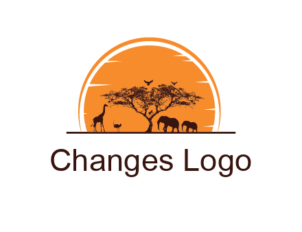 sun behind elephants and giraffe with tree