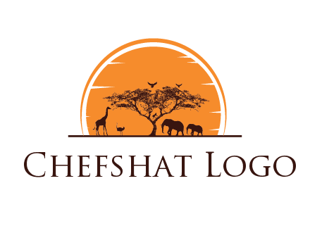 sun behind elephants and giraffe with tree