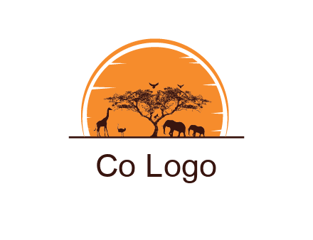 sun behind elephants and giraffe with tree