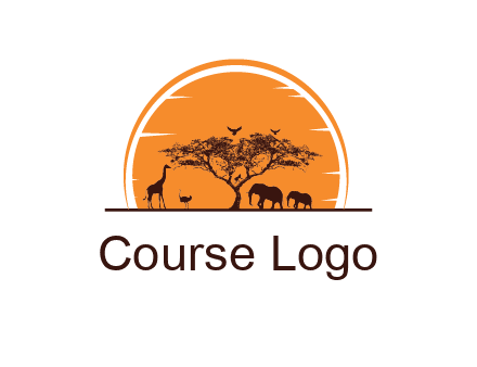 sun behind elephants and giraffe with tree