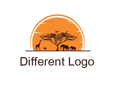 sun behind elephants and giraffe with tree