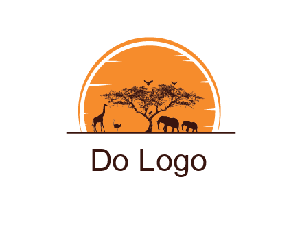 sun behind elephants and giraffe with tree
