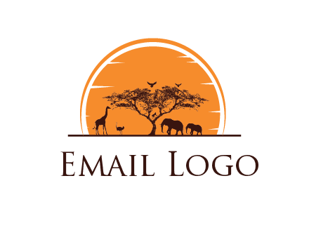 sun behind elephants and giraffe with tree