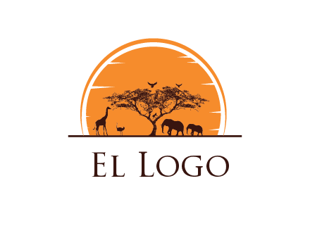 sun behind elephants and giraffe with tree