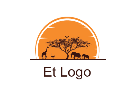 sun behind elephants and giraffe with tree