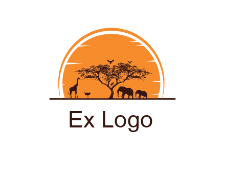 sun behind elephants and giraffe with tree