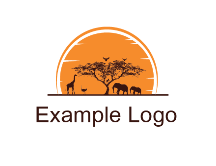 sun behind elephants and giraffe with tree