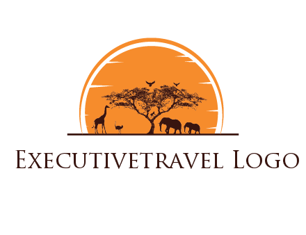 sun behind elephants and giraffe with tree
