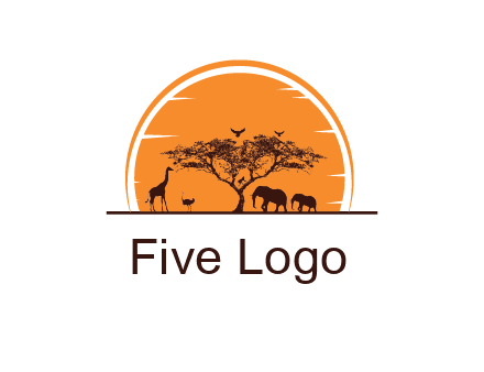 sun behind elephants and giraffe with tree