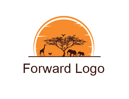 sun behind elephants and giraffe with tree