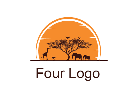 sun behind elephants and giraffe with tree