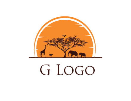 sun behind elephants and giraffe with tree