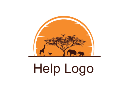 sun behind elephants and giraffe with tree