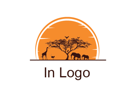 sun behind elephants and giraffe with tree