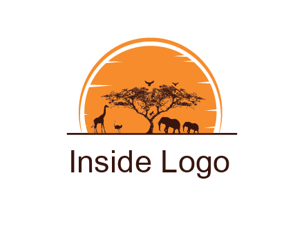 sun behind elephants and giraffe with tree