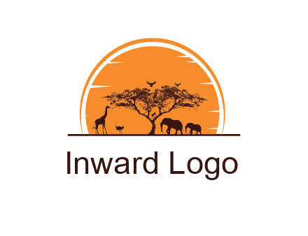 sun behind elephants and giraffe with tree