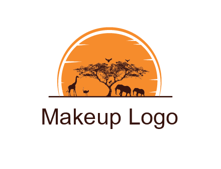 sun behind elephants and giraffe with tree