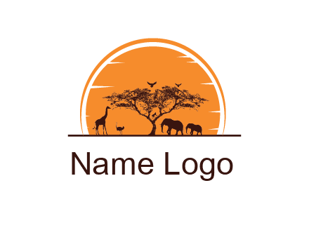sun behind elephants and giraffe with tree