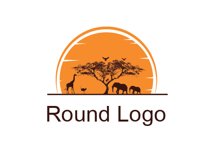 sun behind elephants and giraffe with tree