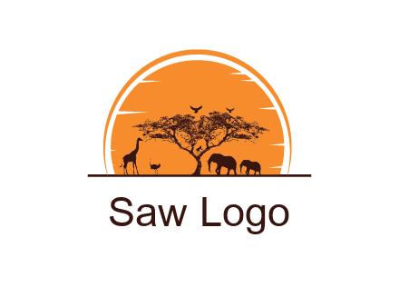 sun behind elephants and giraffe with tree