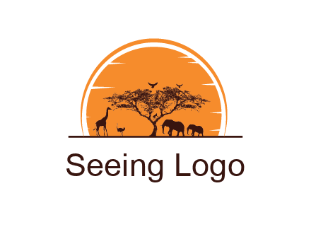 sun behind elephants and giraffe with tree