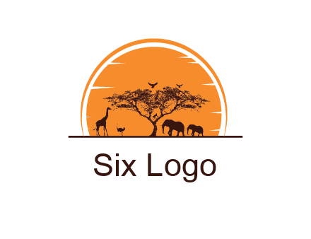 sun behind elephants and giraffe with tree
