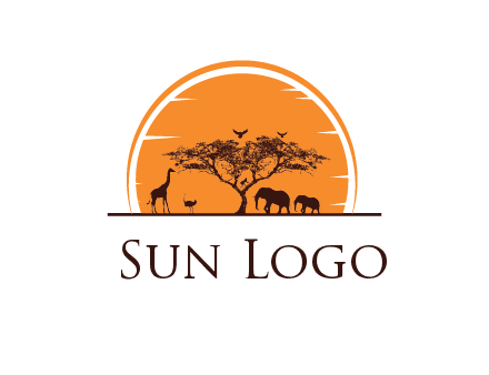sun behind elephants and giraffe with tree
