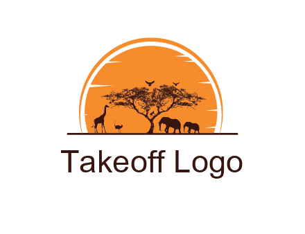 sun behind elephants and giraffe with tree