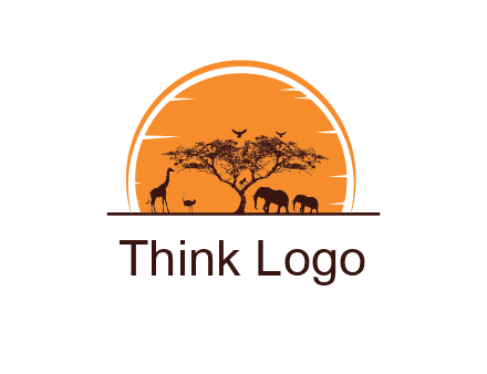sun behind elephants and giraffe with tree