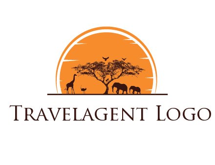 sun behind elephants and giraffe with tree