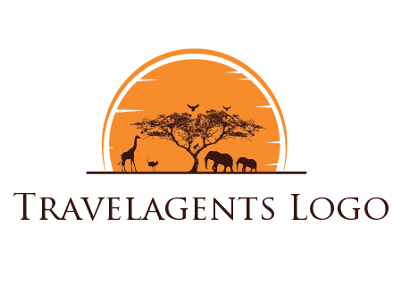 sun behind elephants and giraffe with tree
