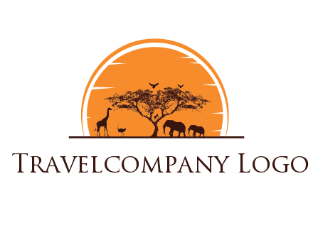sun behind elephants and giraffe with tree