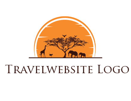 sun behind elephants and giraffe with tree