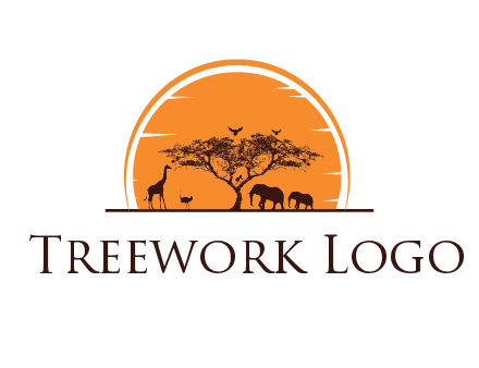 sun behind elephants and giraffe with tree