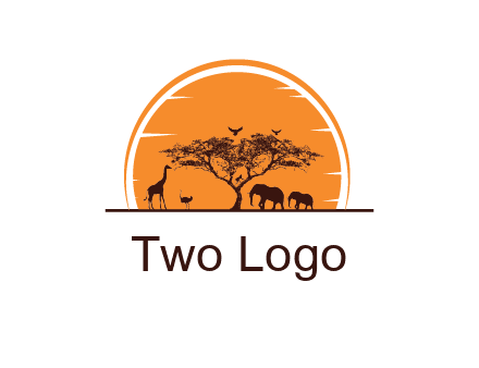 sun behind elephants and giraffe with tree