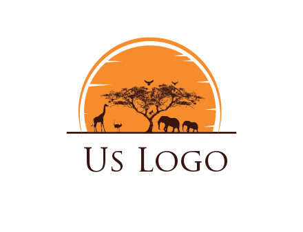 sun behind elephants and giraffe with tree