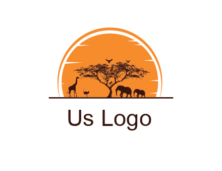 sun behind elephants and giraffe with tree