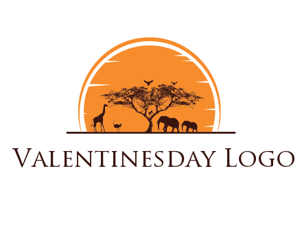 sun behind elephants and giraffe with tree