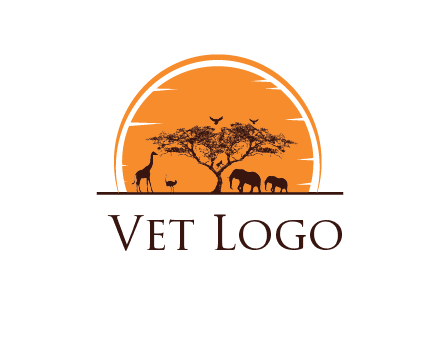 sun behind elephants and giraffe with tree