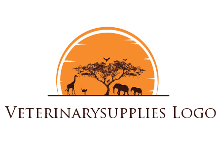sun behind elephants and giraffe with tree