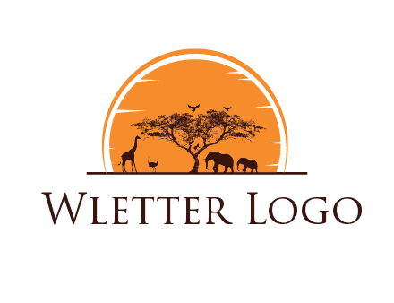 sun behind elephants and giraffe with tree