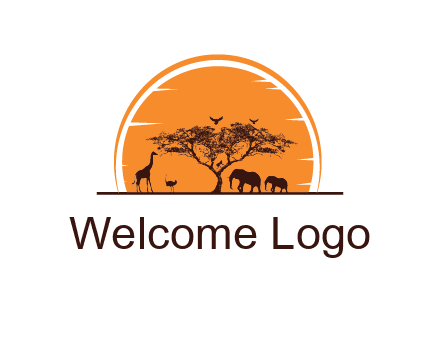 sun behind elephants and giraffe with tree