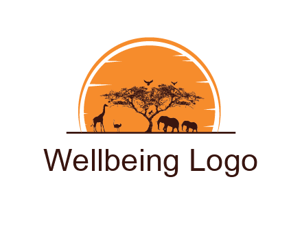 sun behind elephants and giraffe with tree