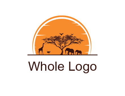 sun behind elephants and giraffe with tree